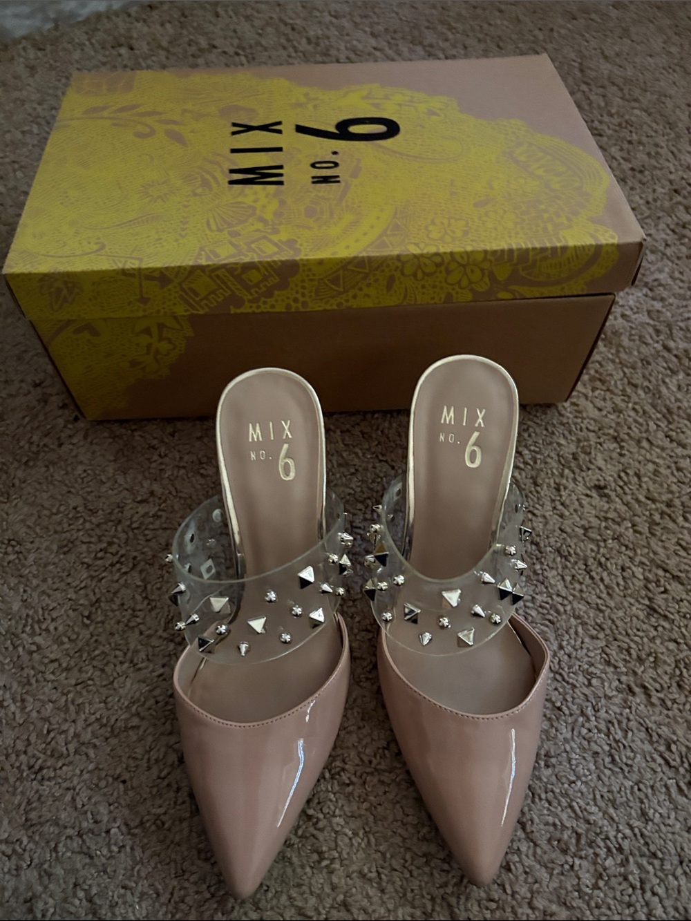 Mix No. 6 Nude Pink Patent Pointed-Toe Mules with Studded Clear Strap